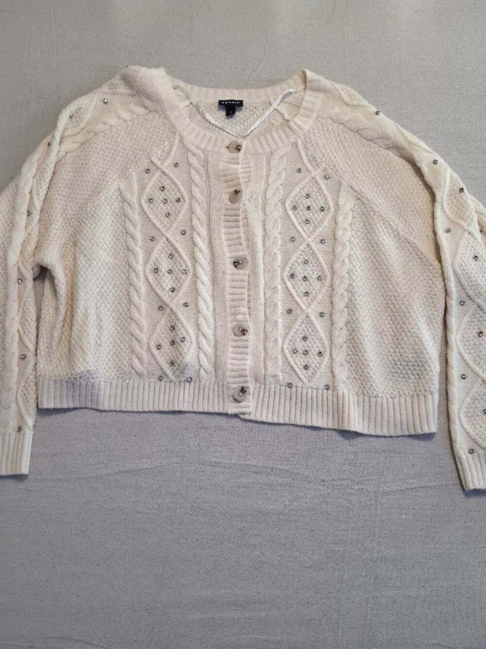 Torrid Cable Knit Embellished Boxy Cropped Sweater Cardigan Cream Women's 3X